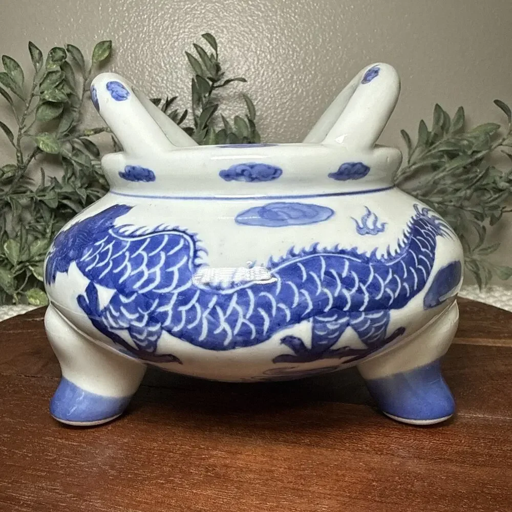 Chinese Blue White Dragon Tripod Censer Cachepot Planter Ceramic 6” Vintage